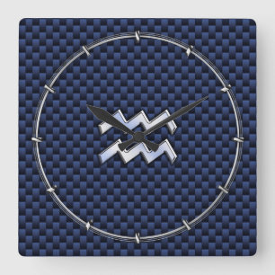 Aquarius Zodiac Sign on Royal Blue Carbon Fibre Square Wall Clock