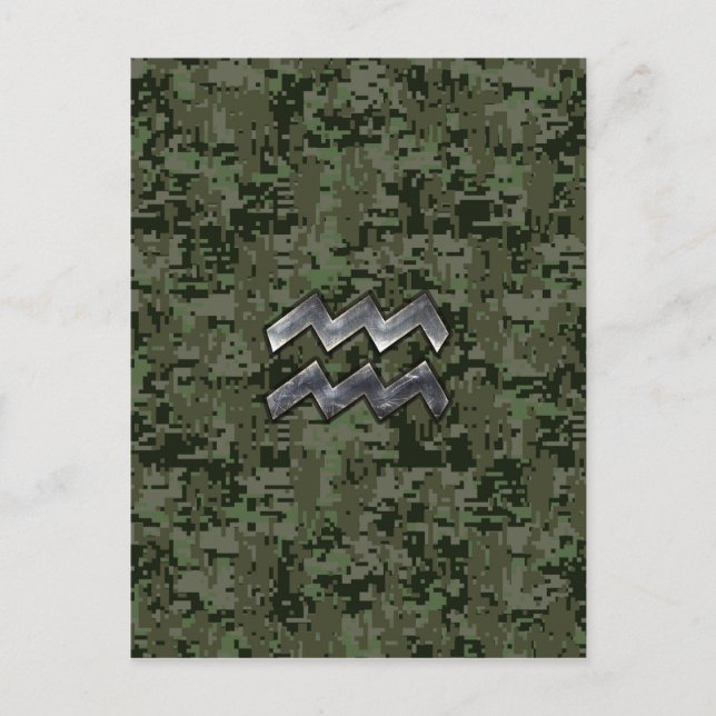 Aquarius Zodiac Sign on Woodland Digital Camo Postcard (Front)