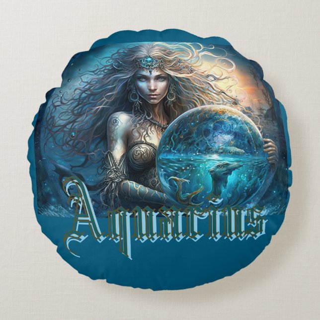 Aquarius Zodiac Sign Round Pillow (Front)