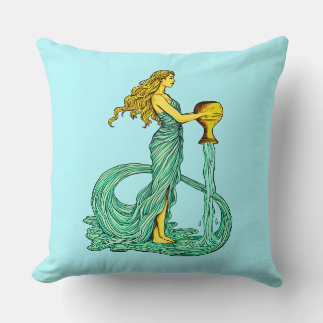 Aquarius Zodiac Sign, Woman with Flowing Water Throw Pillow (Front)