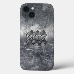 Aquarius Zodiac Symbol Distressed Silver Steel iPhone 13 Case