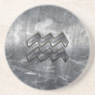 Aquarius Zodiac Symbol Distressed Silver Steel Coaster
