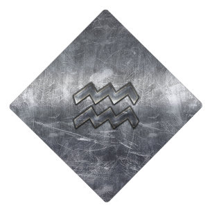 Aquarius Zodiac Symbol Distressed Silver Steel Graduation Cap Topper