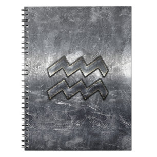 Aquarius Zodiac Symbol Distressed Silver Steel Notebook