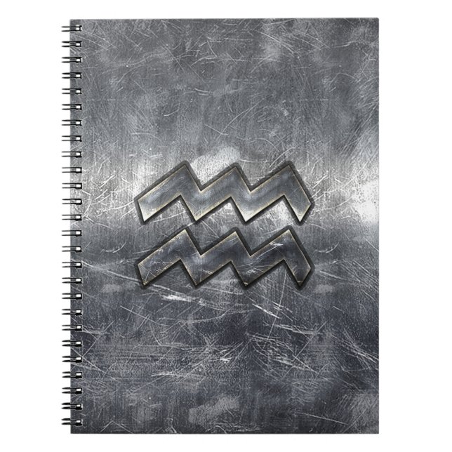 Aquarius Zodiac Symbol Distressed Silver Steel Notebook (Front)