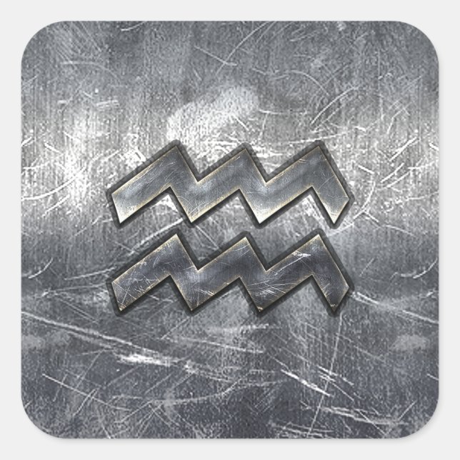 Aquarius Zodiac Symbol Distressed Silver Steel Square Sticker (Front)