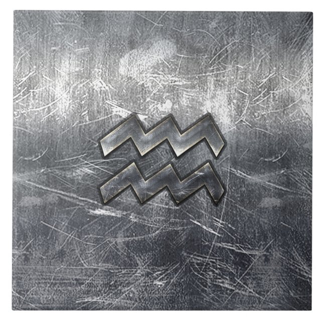 Aquarius Zodiac Symbol Distressed Silver Steel Tile (Front)