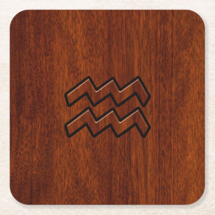 Aquarius Zodiac Symbol Mahogany Style Square Paper Coaster