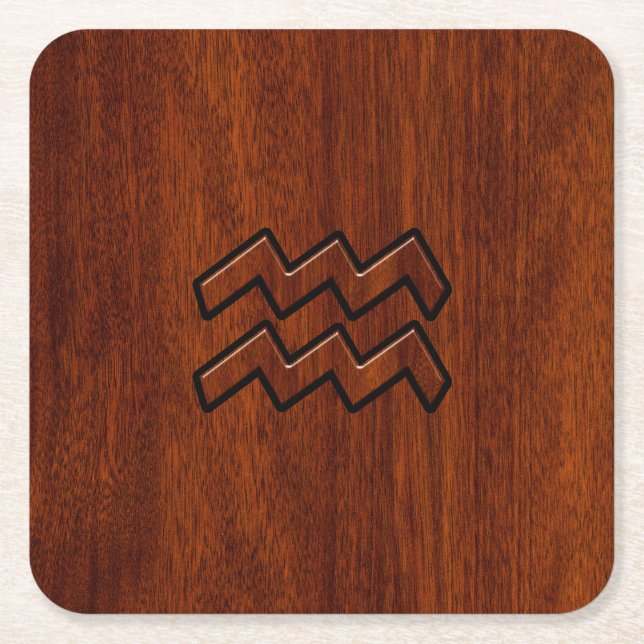 Aquarius Zodiac Symbol Mahogany Style Square Paper Coaster (Front)