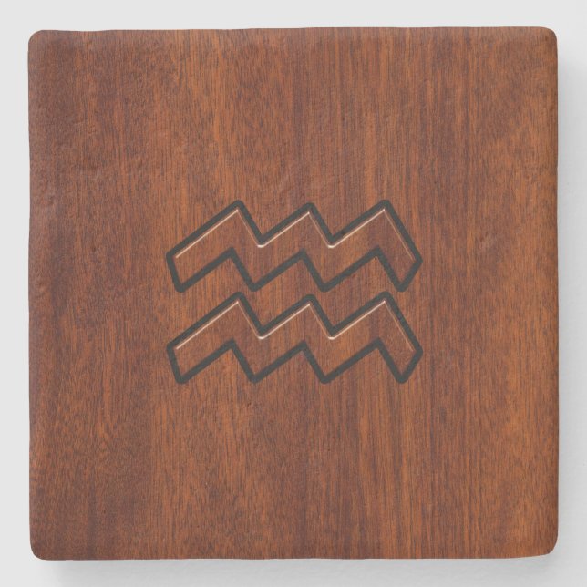 Aquarius Zodiac Symbol Mahogany Style Stone Coaster (Front)