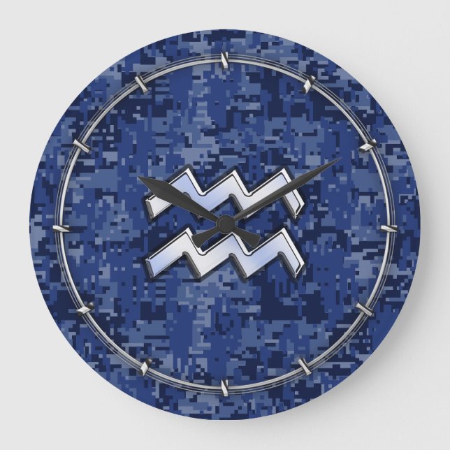 Aquarius Zodiac Symbol on blue digital camo decor Large Clock (Front)