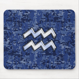 Aquarius Zodiac Symbol on blue digital camo decor Mouse Pad