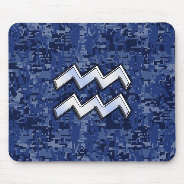Aquarius Zodiac Symbol on blue digital camo decor Mouse Pad (Front)