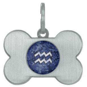 Aquarius Zodiac Symbol on blue digital camo decor Pet Name Tag