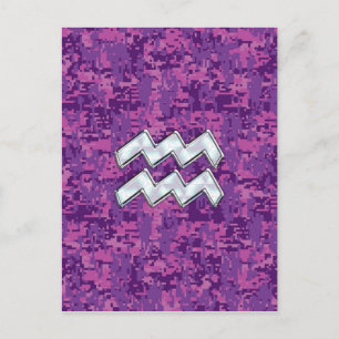 Aquarius Zodiac Symbol on fuchsia digital camo Postcard