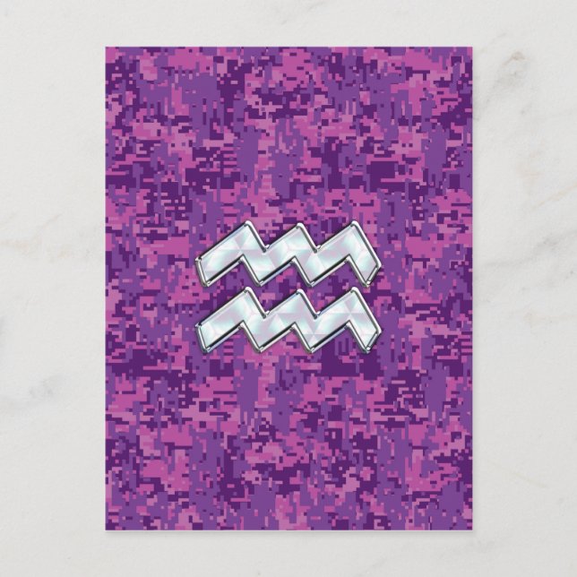 Aquarius Zodiac Symbol on fuchsia digital camo Postcard (Front)