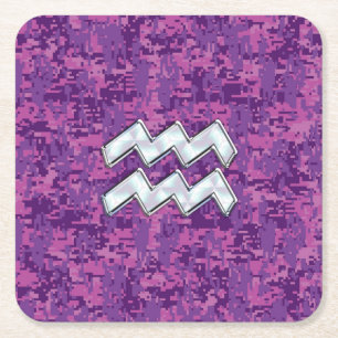Aquarius Zodiac Symbol on fuchsia digital camo Square Paper Coaster