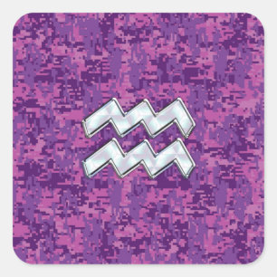 Aquarius Zodiac Symbol on fuchsia digital camo Square Sticker