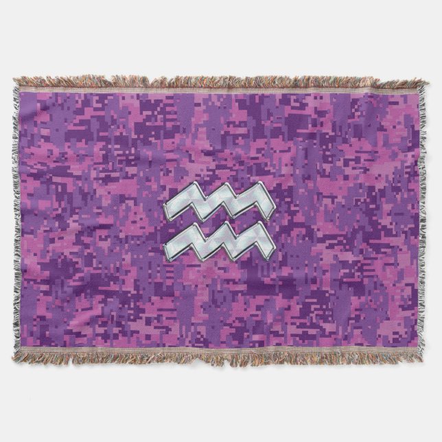 Aquarius Zodiac Symbol on fuchsia digital camo Throw Blanket (Front)