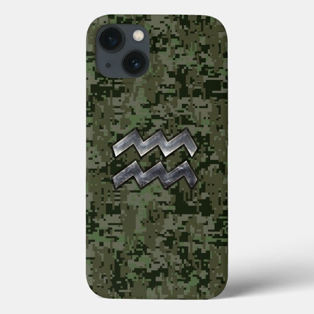 Aquarius Zodiac Symbol on Green Digital Camouflage Case-Mate iPhone Case (Back)