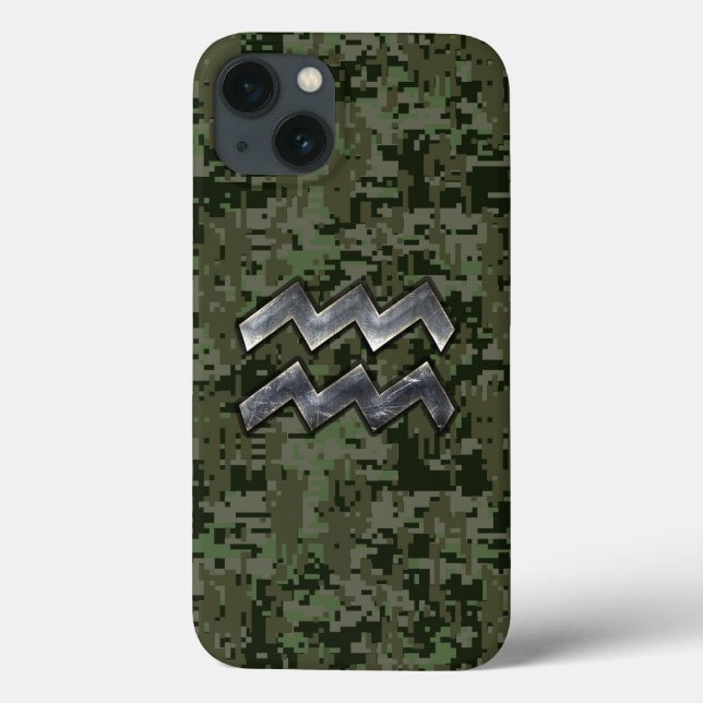 Aquarius Zodiac Symbol on Green Digital Camouflage Case-Mate iPhone Case (Back)