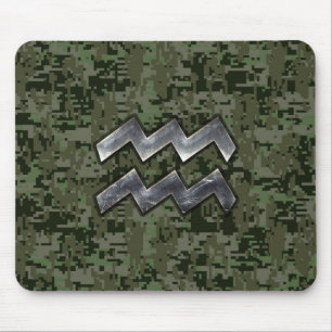 Aquarius Zodiac Symbol on Green Digital Camouflage Mouse Pad