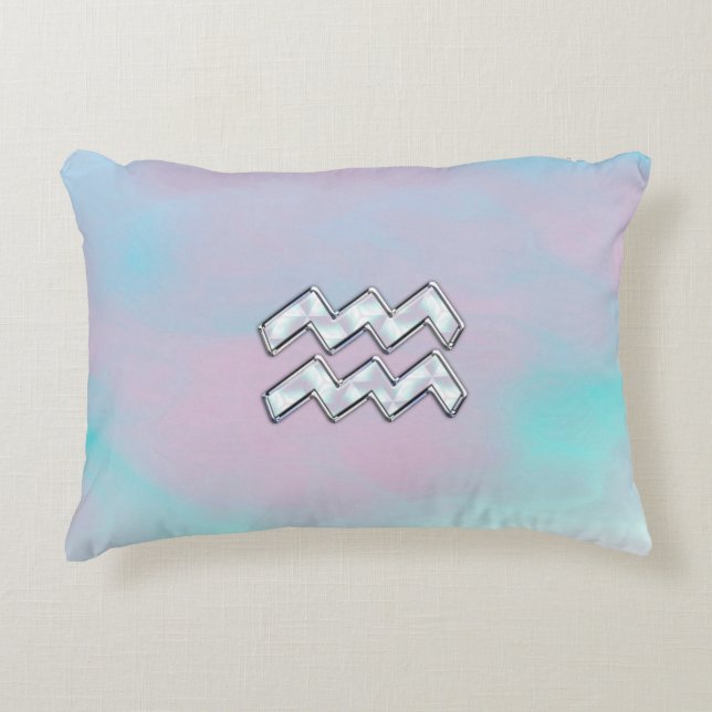 Aquarius Zodiac Symbol on Mother of Pearl Nacre Accent Pillow (Front)