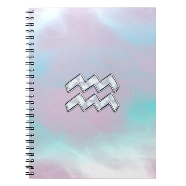 Aquarius Zodiac Symbol on Mother of Pearl Nacre Notebook (Front)