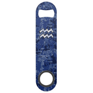 Aquarius Zodiac Symbol on navy blue digital camo Bar Key