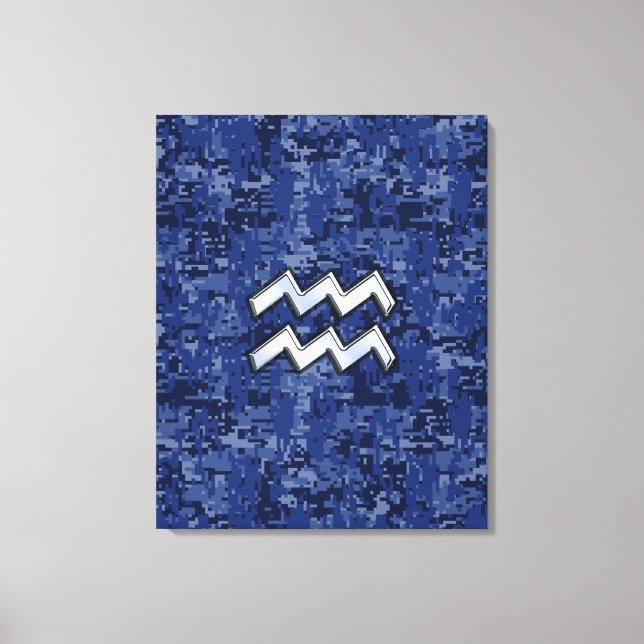 Aquarius Zodiac Symbol on navy blue digital camo Canvas Print (Front)
