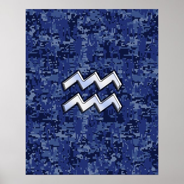 Aquarius Zodiac Symbol on navy blue digital camo Poster (Front)