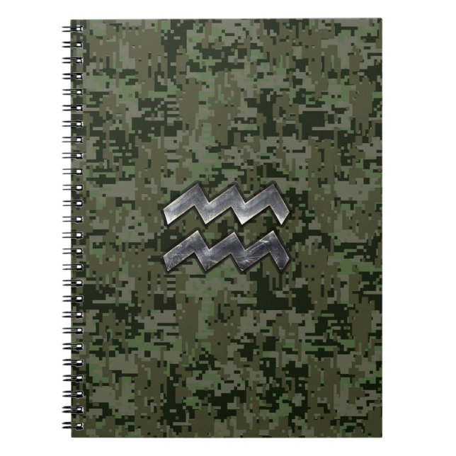 Aquarius Zodiac Symbol on olive green digital camo Notebook (Front)