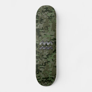 Aquarius Zodiac Symbol on olive green digital camo Skateboard