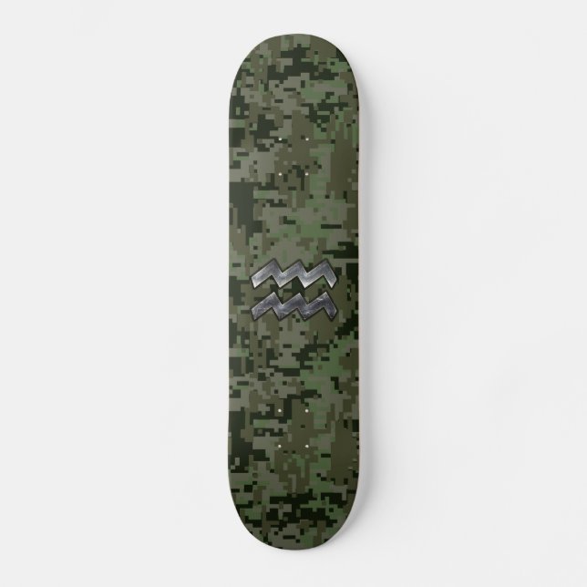 Aquarius Zodiac Symbol on olive green digital camo Skateboard (Front)