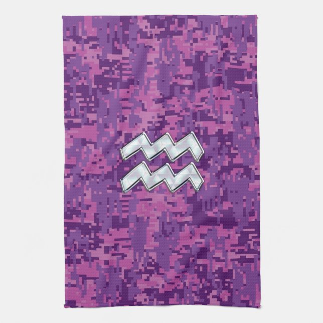 Aquarius Zodiac Symbol on Pink Digital Camouflage Kitchen Towel (Vertical)