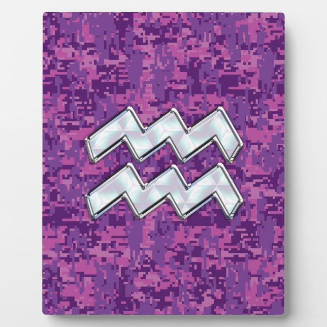 Aquarius Zodiac Symbol on Pink Digital Camouflage Plaque (Front)