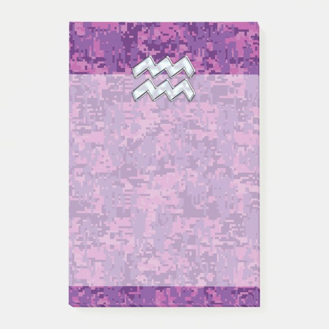 Aquarius Zodiac Symbol on Pink Digital Camouflage Post-it Notes (Front)
