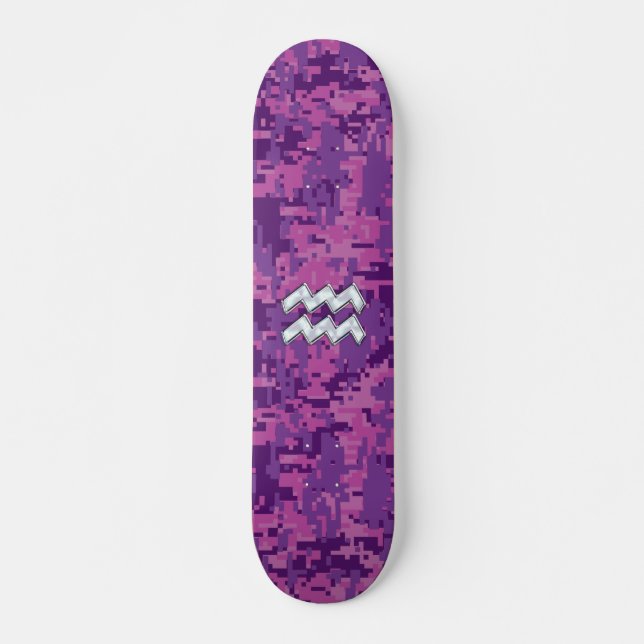 Aquarius Zodiac Symbol on Pink Digital Camouflage Skateboard (Front)