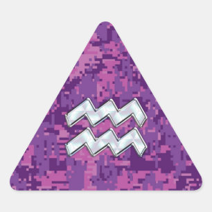 Aquarius Zodiac Symbol on Pink Digital Camouflage Triangle Sticker