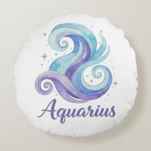 Aquarius Zodiac Watercolor Celestial Stars Jan Feb Round Pillow