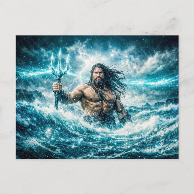 Aquarius Zodiac with Trident Warrior in Stormy Oce Postcard (Front)