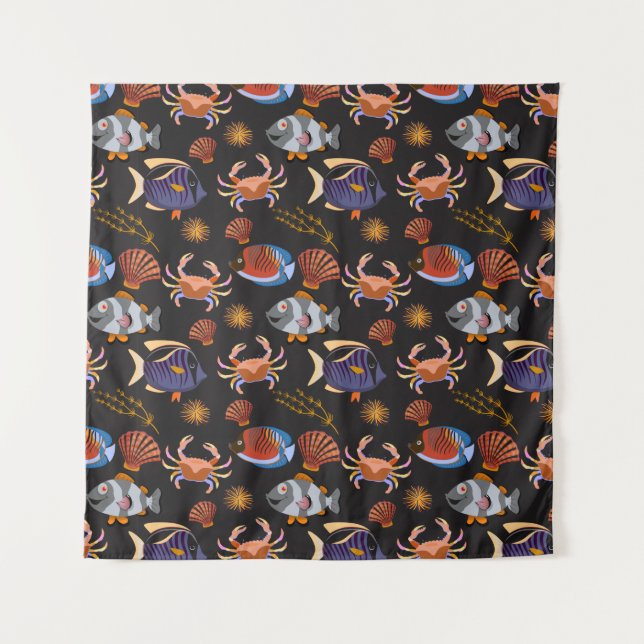 Aquatic animals pattern | ocean underwater life 11 tapestry (Front)