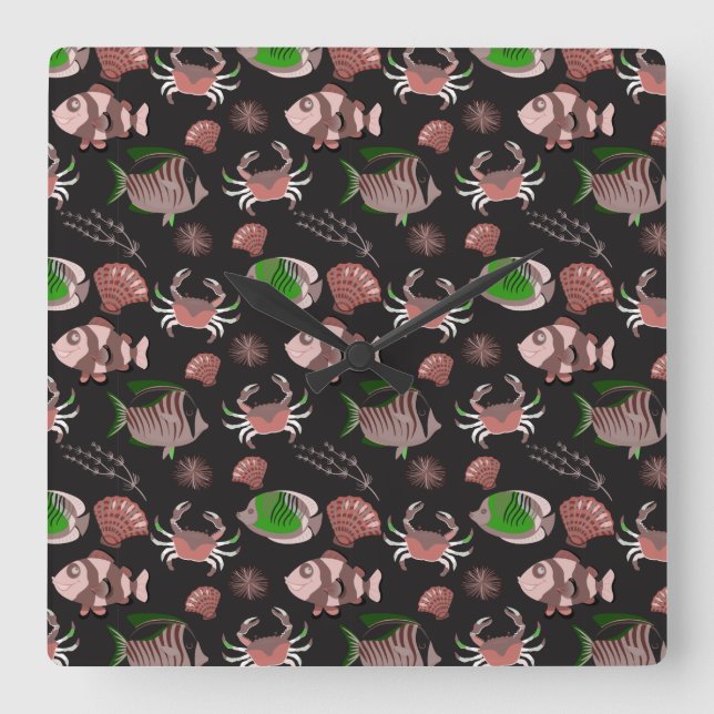 Aquatic animals pattern | ocean underwater life 12 square wall clock (Front)