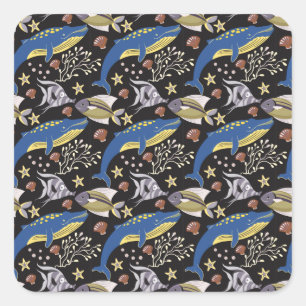 Aquatic animals pattern ocean underwater life 17 square sticker