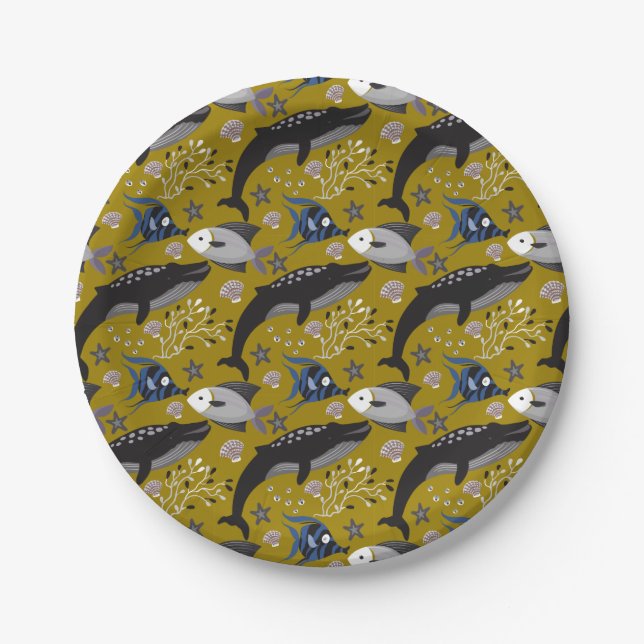 Aquatic animals pattern | ocean underwater life 18 paper plate (Front)
