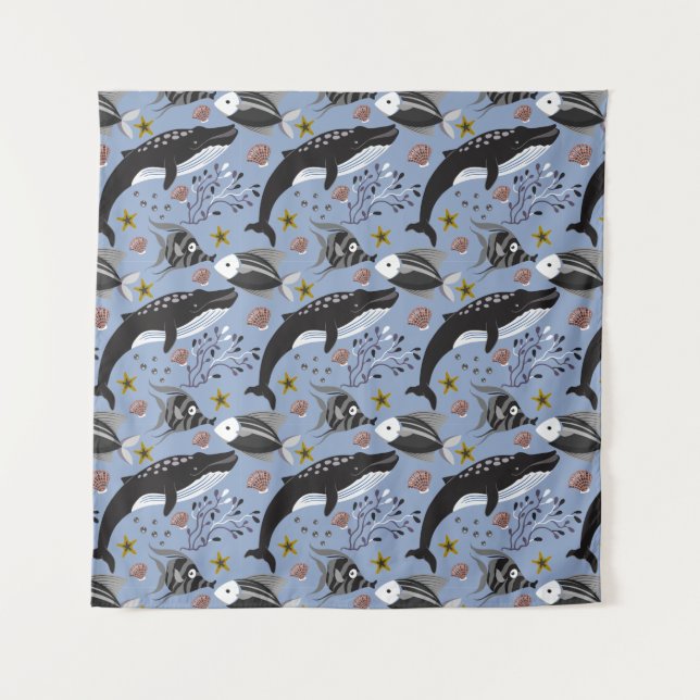 Aquatic animals pattern | ocean underwater life 19 tapestry (Front)