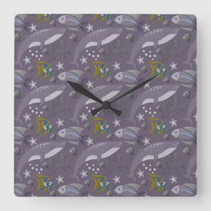 Aquatic animals pattern ocean underwater life 24 square wall clock
