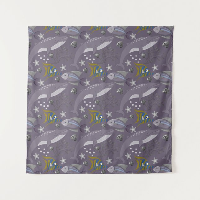 Aquatic animals pattern | ocean underwater life 24 tapestry (Front)