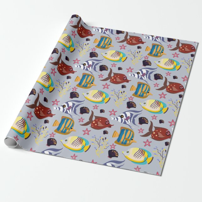 Aquatic animals pattern | ocean underwater life 2 wrapping paper (Unrolled)