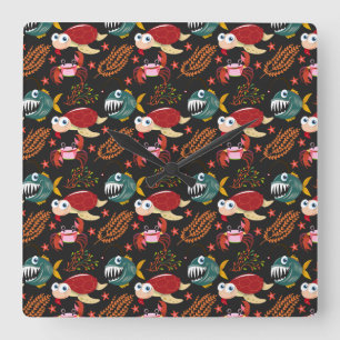 Aquatic animals pattern   ocean underwater life 30 square wall clock